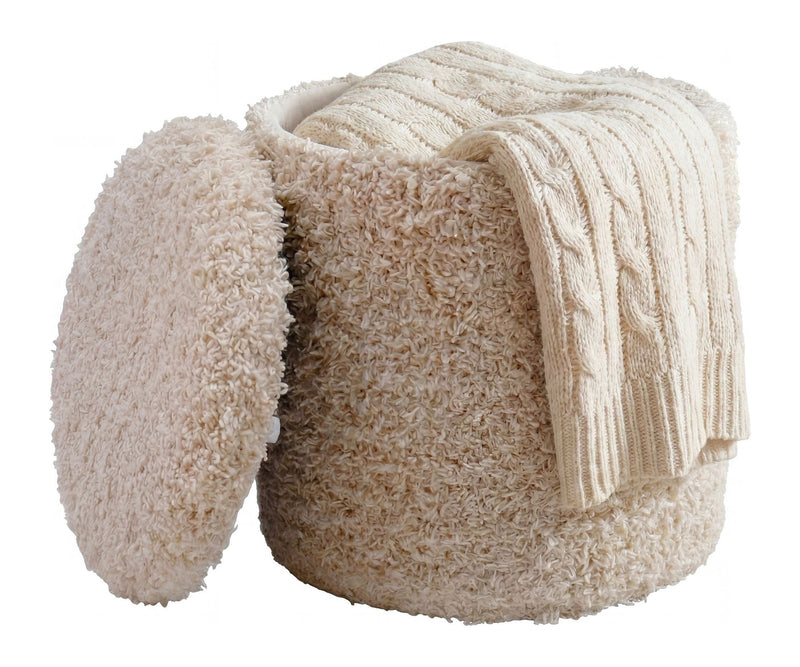 Sitzhocker Boho mit Stauraum aus Wolle, Beige Ø 40 cm, Wohnling