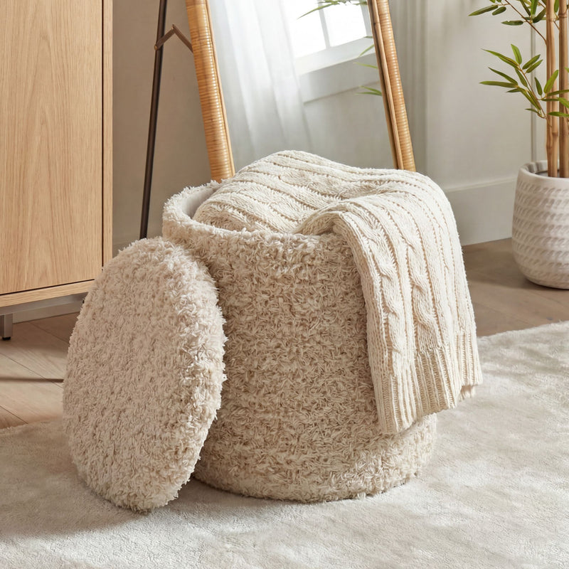 Sitzhocker Boho mit Stauraum aus Wolle, Beige Ø 40 cm, Wohnling