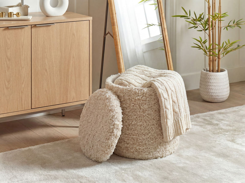 Sitzhocker Boho mit Stauraum aus Wolle, Beige Ø 40 cm, Wohnling