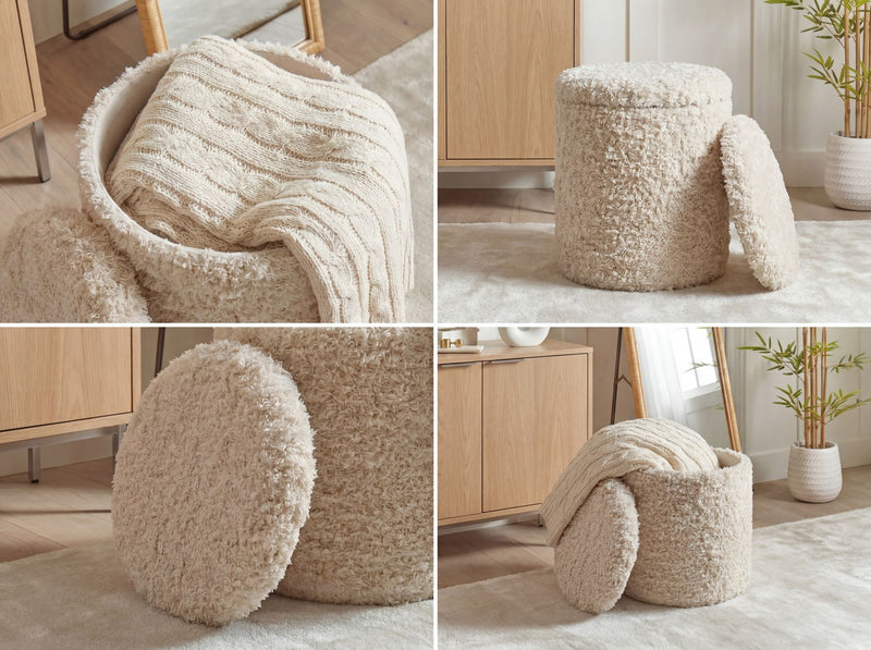 Sitzhocker Boho mit Stauraum aus Wolle, Beige Ø 40 cm, Wohnling
