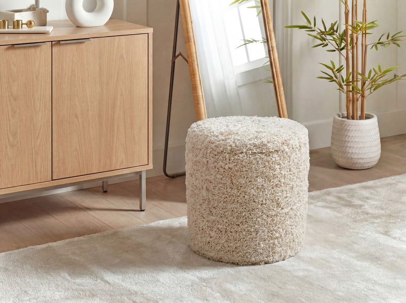 Sitzhocker Boho mit Stauraum aus Wolle, Beige Ø 40 cm, Wohnling