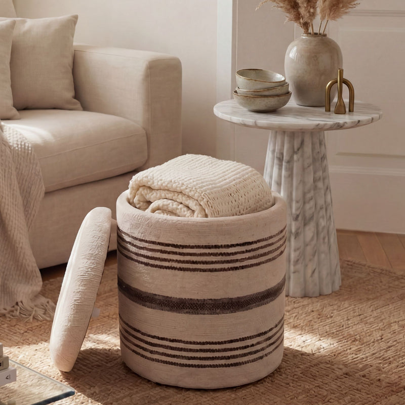 Sitzhocker mit Stauraum aus Wolle, Beige – Boho Fußhocker von Wohnling