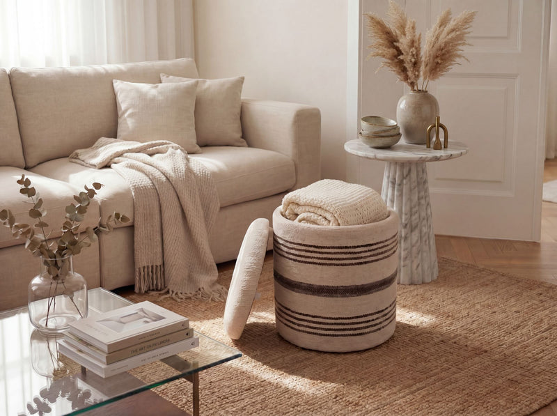 Sitzhocker mit Stauraum aus Wolle, Beige – Boho Fußhocker von Wohnling
