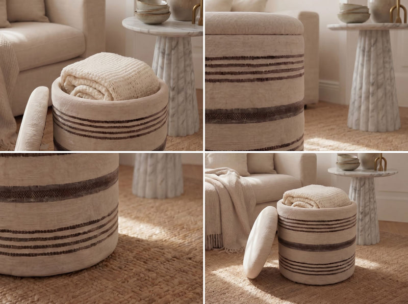 Sitzhocker mit Stauraum aus Wolle, Beige – Boho Fußhocker von Wohnling