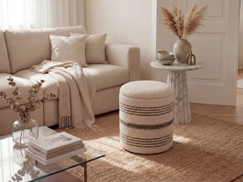 Sitzhocker mit Stauraum aus Wolle, Beige – Boho Fußhocker von Wohnling