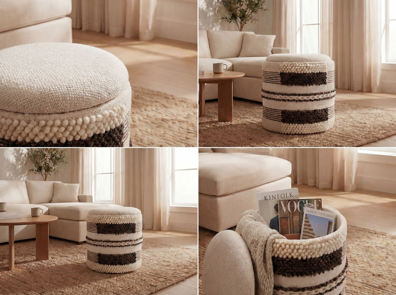 Sitzhocker mit Stauraum aus Wolle, Beige, Ø40 cm von Wohnling