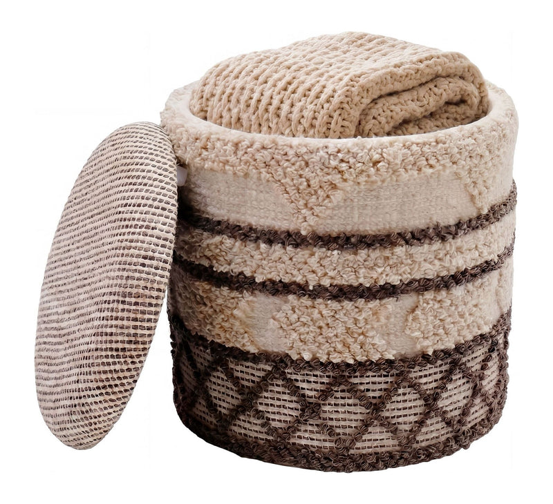 Sitzhocker mit Stauraum aus Wolle, Boho-Design Beige, 40 cm rund