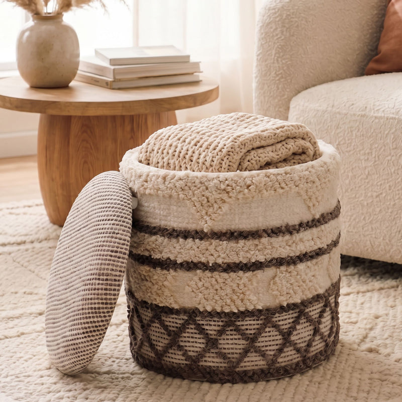 Sitzhocker mit Stauraum aus Wolle, Boho-Design Beige, 40 cm rund