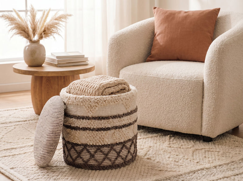 Sitzhocker mit Stauraum aus Wolle, Boho-Design Beige, 40 cm rund