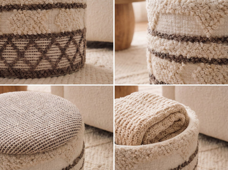Sitzhocker mit Stauraum aus Wolle, Boho-Design Beige, 40 cm rund