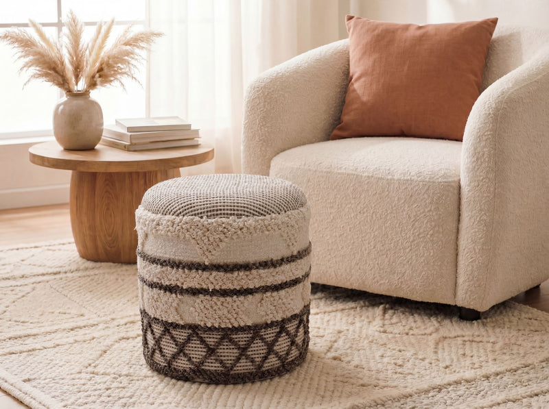 Sitzhocker mit Stauraum aus Wolle, Boho-Design Beige, 40 cm rund