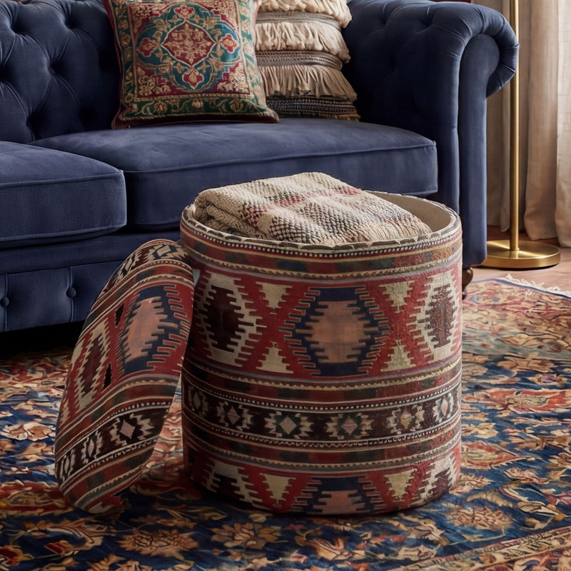 Sitzhocker Boho mit Stauraum, rund 40 cm, mehrfarbig, handgefertigt