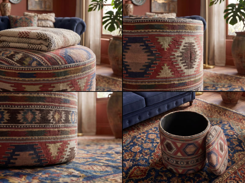 Sitzhocker Boho mit Stauraum, rund 40 cm, mehrfarbig, handgefertigt