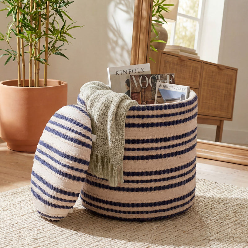 Boho Sitzhocker rund mit Stauraum aus Baumwolle, Beige, Ø 40 cm