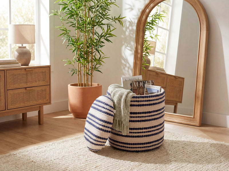 Boho Sitzhocker rund mit Stauraum aus Baumwolle, Beige, Ø 40 cm