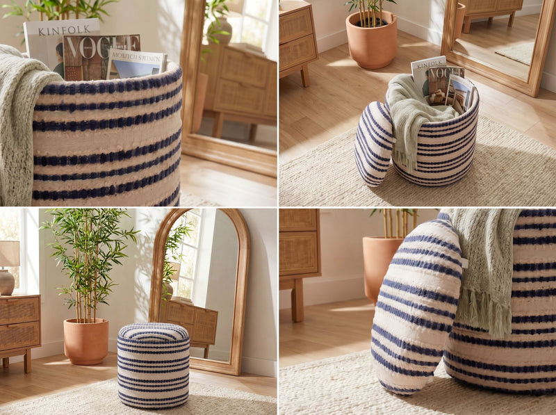 Boho Sitzhocker rund mit Stauraum aus Baumwolle, Beige, Ø 40 cm