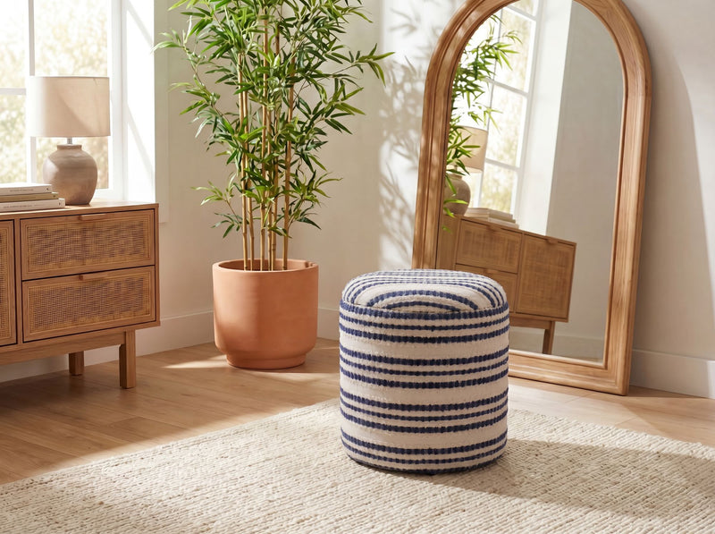 Boho Sitzhocker rund mit Stauraum aus Baumwolle, Beige, Ø 40 cm