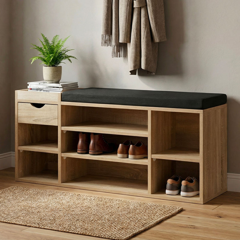 Wohnling Schuhbank Sonoma Eiche 100 cm mit Sitzkissen und Schublade