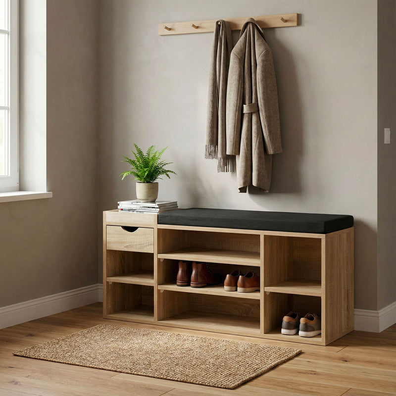 Wohnling Schuhbank Sonoma Eiche 100 cm mit Sitzkissen und Schublade