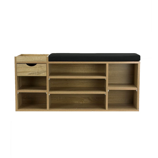 Wohnling Schuhbank Sonoma Eiche 100 cm in Gesamtansicht mit schwarzem Sitzkissen und Schublade.