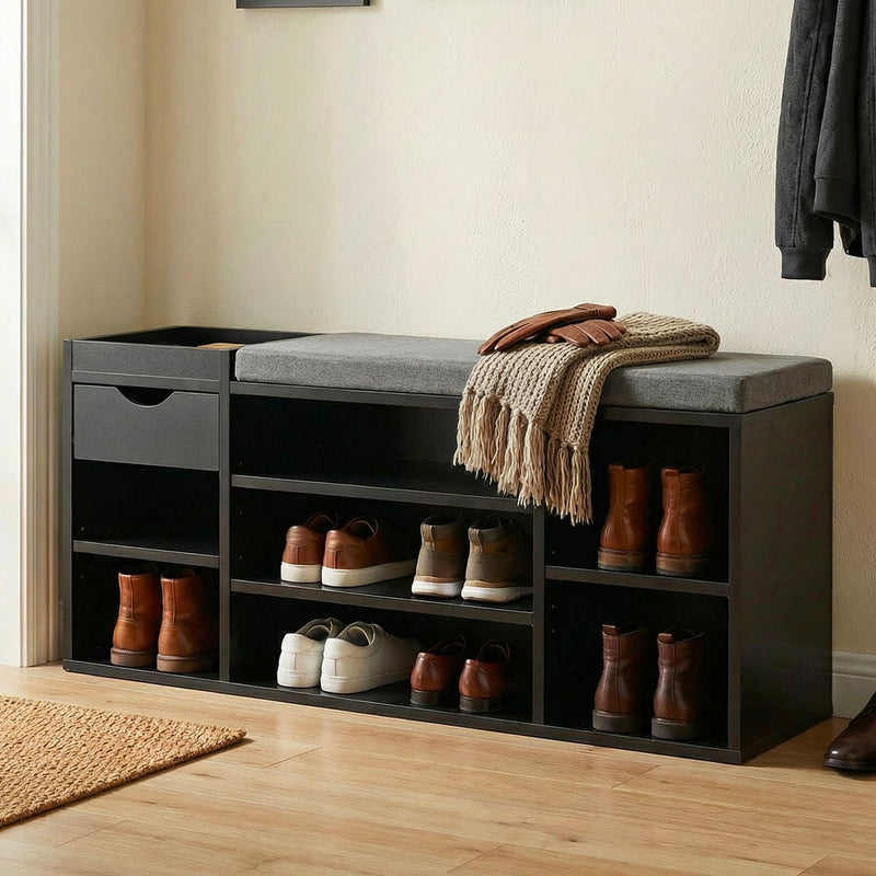 Schuhbank Flur Schwarz 100 cm mit Sitzkissen, Schublade und Regalböden