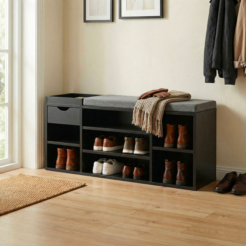 Schuhbank Flur Schwarz 100 cm mit Sitzkissen, Schublade und Regalböden