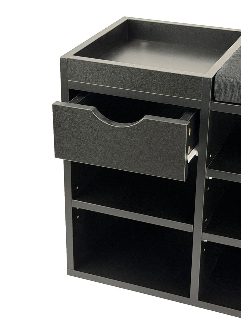 Schuhbank Flur Schwarz 100 cm mit Sitzkissen, Schublade und Regalböden