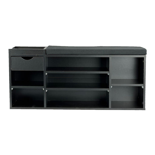Schuhbank Flur Schwarz 100 cm mit Sitzkissen, Schublade und Regalböden in Gesamtansicht.
