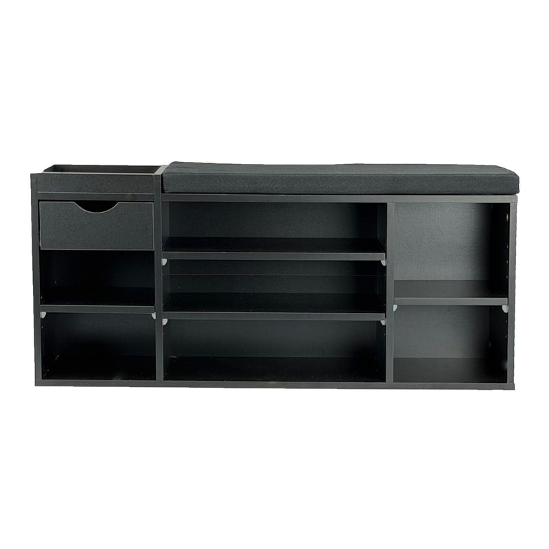 Schuhbank Flur Schwarz 100 cm mit Sitzkissen, Schublade und Regalböden