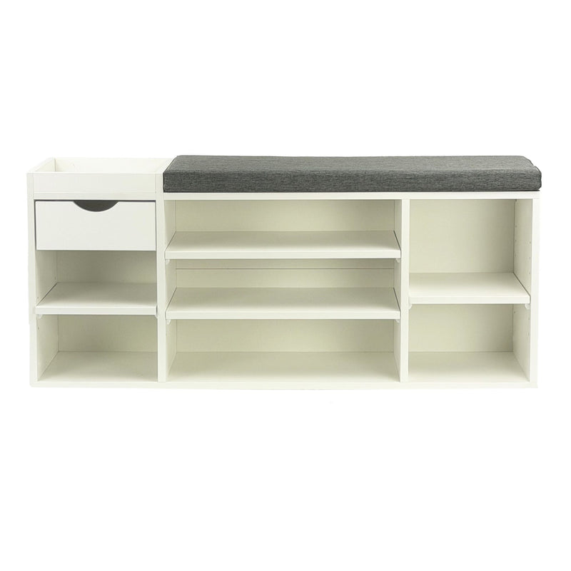 Schuhbank Flur Weiß 100 cm mit Sitzkissen, Schublade und Regalböden