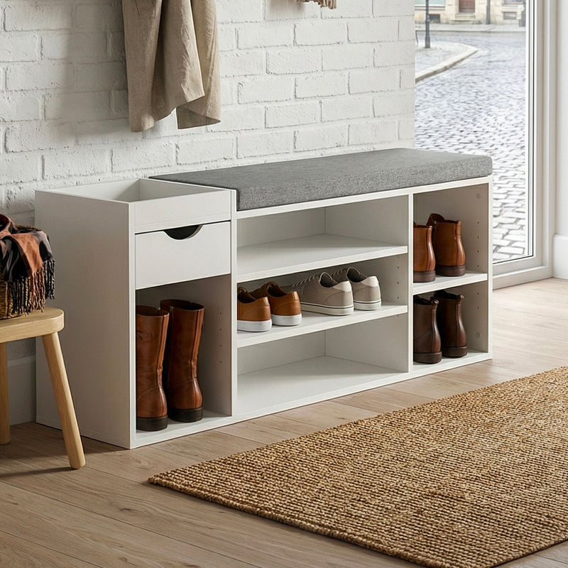 Schuhbank Flur Weiß 100 cm mit Sitzkissen, Schublade und Regalböden