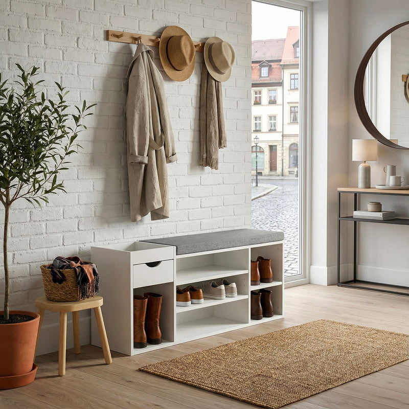 Schuhbank Flur Weiß 100 cm mit Sitzkissen, Schublade und Regalböden