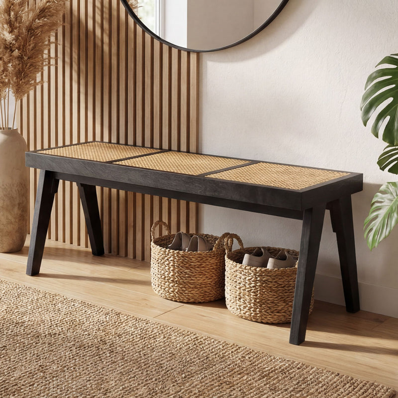 Sitzbank Akazie Massivholz 120 cm Schwarz mit Wiener Geflecht