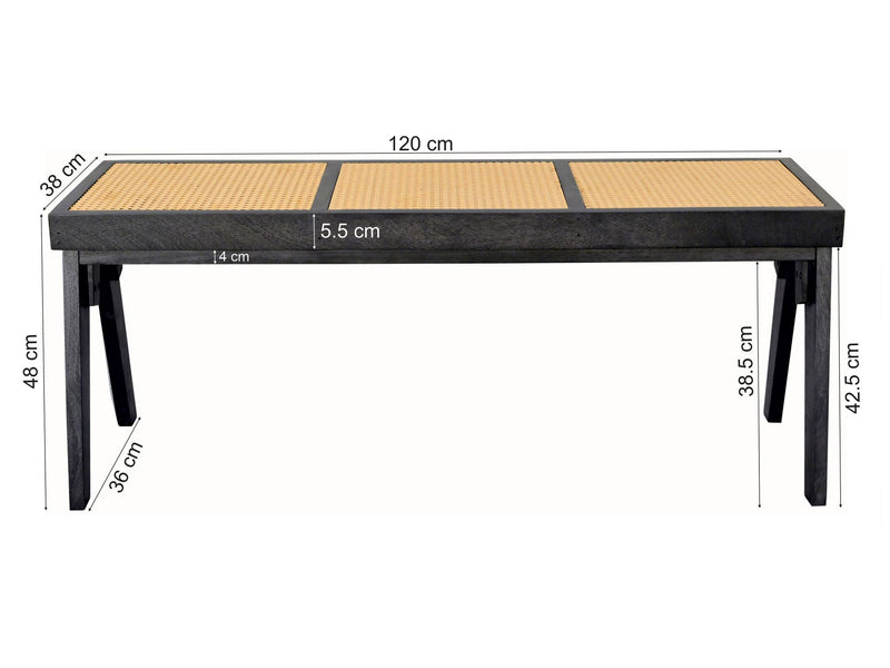 Sitzbank Akazie Massivholz 120 cm Schwarz mit Wiener Geflecht
