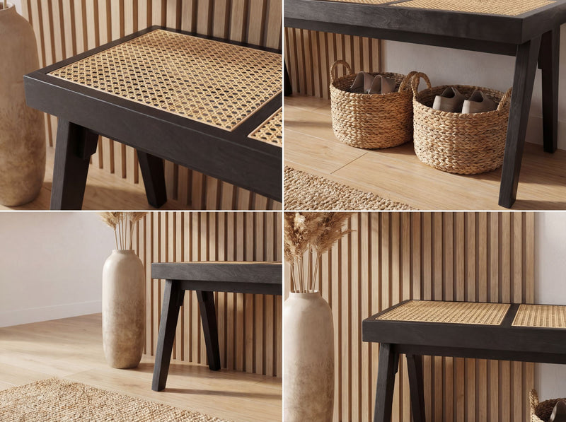 Sitzbank Akazie Massivholz 120 cm Schwarz mit Wiener Geflecht
