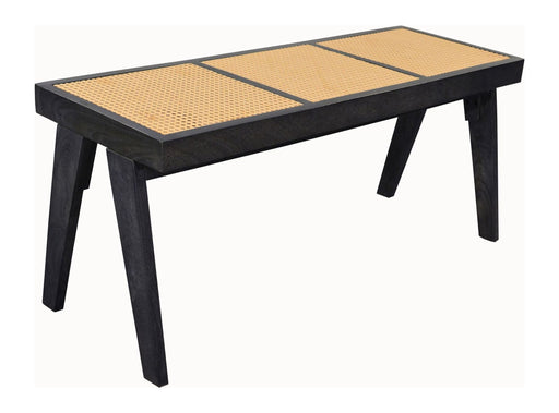 Sitzbank Akazie Massivholz 120 cm Schwarz mit Wiener Geflecht in Gesamtansicht mit schwarzem Holzgestell und hellem Flechtmuster.