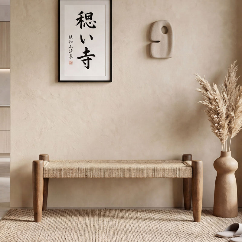 Sitzbank Mango Massivholz 120 cm mit Jute-Sitzfläche, Wohnling