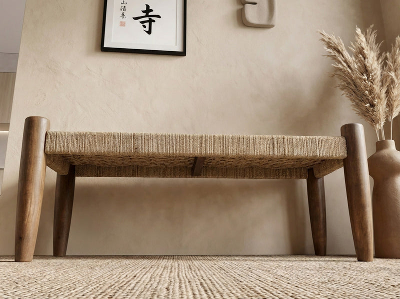 Sitzbank Mango Massivholz 120 cm mit Jute-Sitzfläche, Wohnling