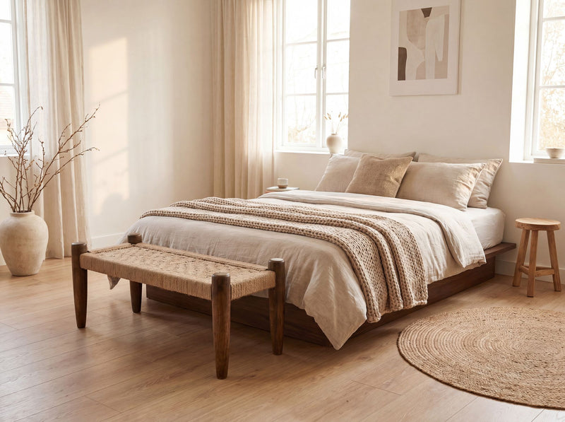 Sitzbank Mango Massivholz 120 cm mit Jute-Sitzfläche, Wohnling
