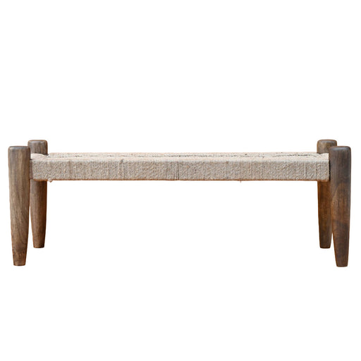 Sitzbank Mango Massivholz 120 cm mit Jute-Sitzfläche, Wohnling in Seitenansicht mit beigem Jutegewebe und dunklen Holzbeinen.
