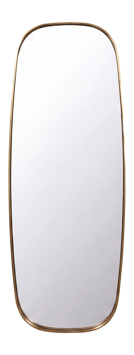 Wandspiegel Oval Gold 122x46cm mit goldenem Metallrahmen in Gesamtansicht, hochformat-ovale Form mit abgerundeten Ecken.