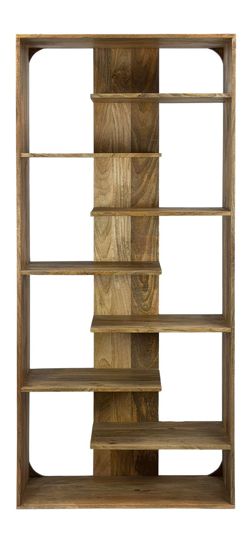 Bücherregal Standregal Mango Massivholz 200 cm in Braun mit asymmetrisch angeordneten Fächern in Gesamtansicht.