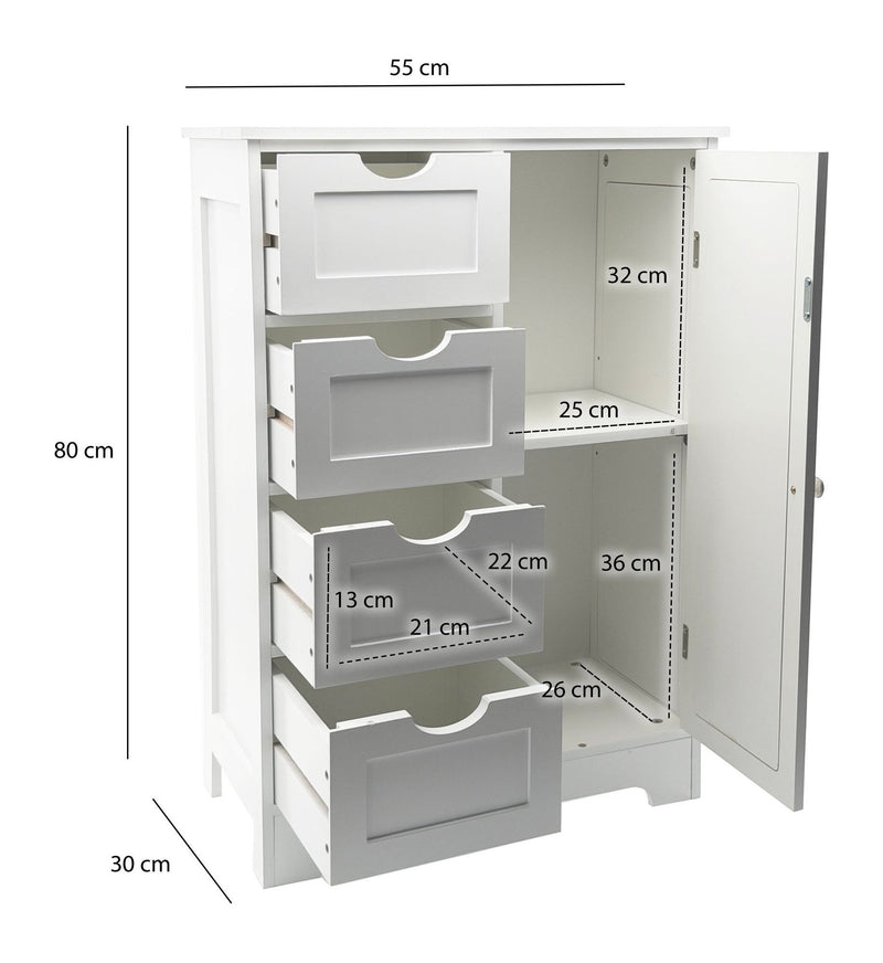 Standschrank Weiß mit Schubladen, Tür und Wiener Geflecht, 55x80 cm