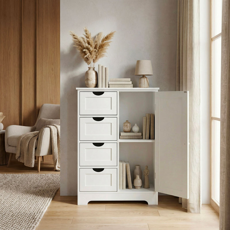 Standschrank Weiß mit Schubladen, Tür und Wiener Geflecht, 55x80 cm