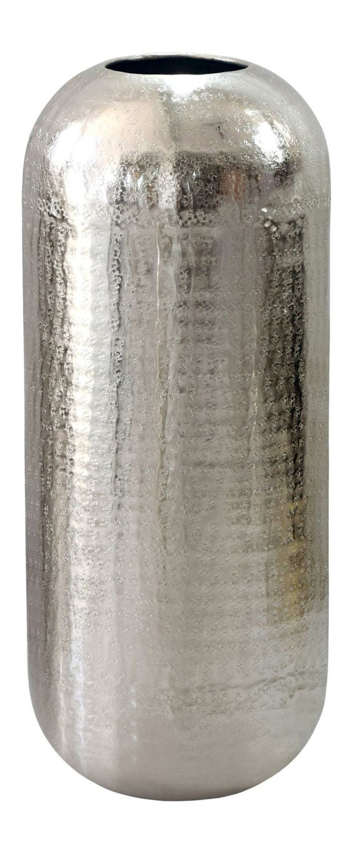 XXL Bodenvase Aluminium Silber 60 cm von Wohnling in Gesamtansicht mit glänzender Oberfläche und gewölbtem Deckelrand.