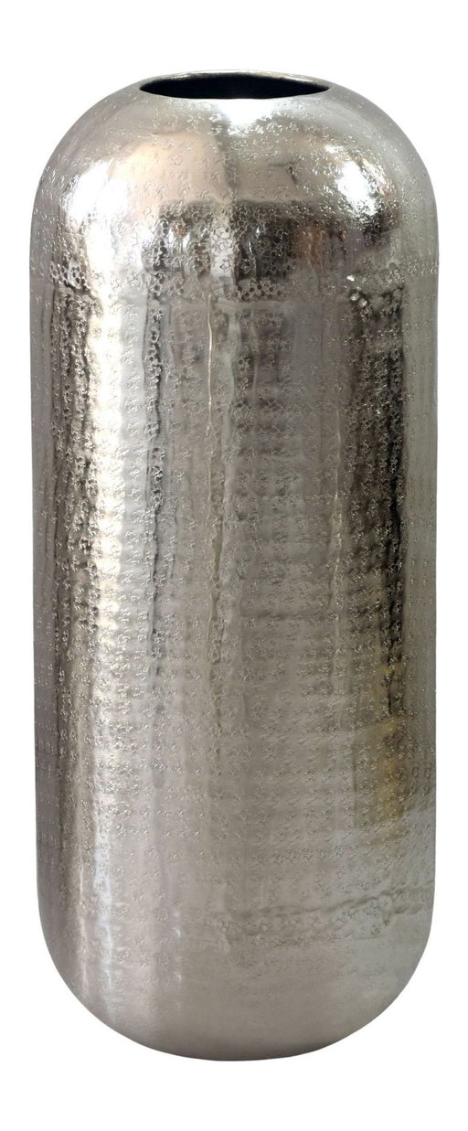 Bodenvase Aluminium 75 cm in Silber mit glänzender, strukturierter Oberfläche in Gesamtansicht.
