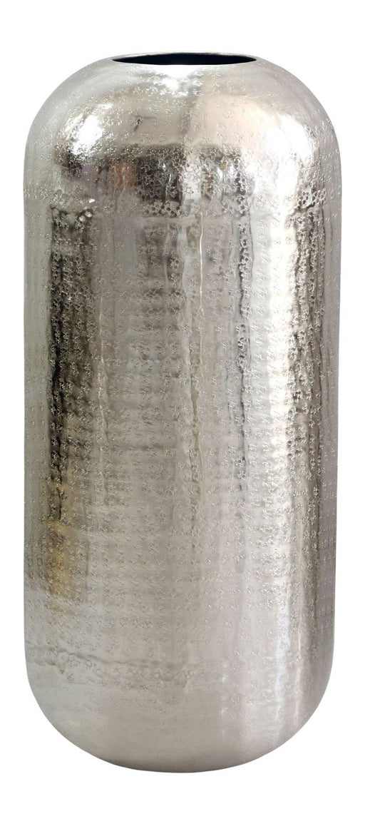 Bodenvase Aluminium 45 cm Silber in Gesamtansicht mit glänzender, silberner Oberfläche und abgerundeter Kappenform.