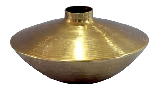 Tischvase Aluminium Gold 35 cm mit flacher, schüsselförmiger Form und zentralem Hals in matter Goldfinish, Gesamtansicht.