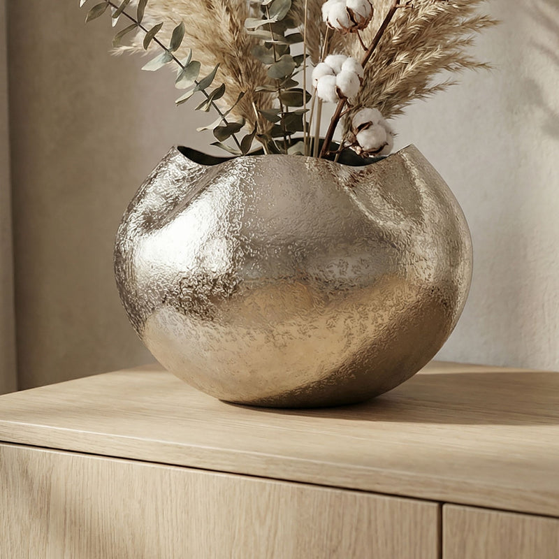 Tischvase Aluminium 30cm Silber, Wohnling Dekovase Handmade rund