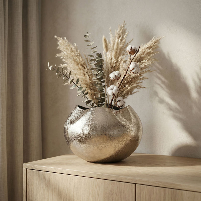 Tischvase Aluminium 30cm Silber, Wohnling Dekovase Handmade rund
